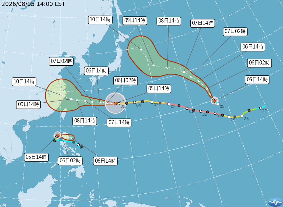 目前太平洋海面共有3個颱風，分別為中颱白海豚、輕颱鯨魚及輕颱昌鴻。（中央氣象署提供）