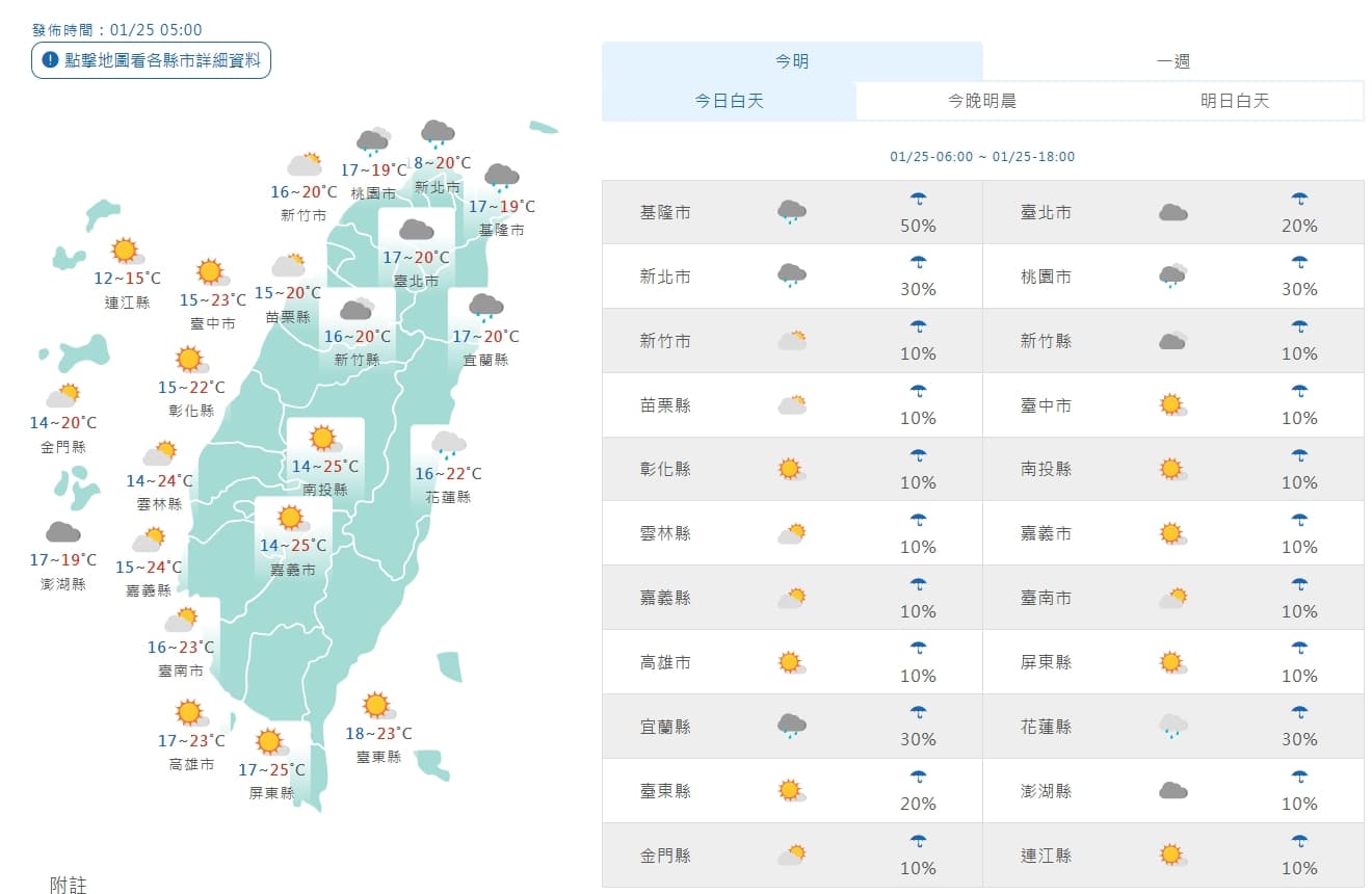 全台各地天氣狀況。（翻攝自中央氣象署）