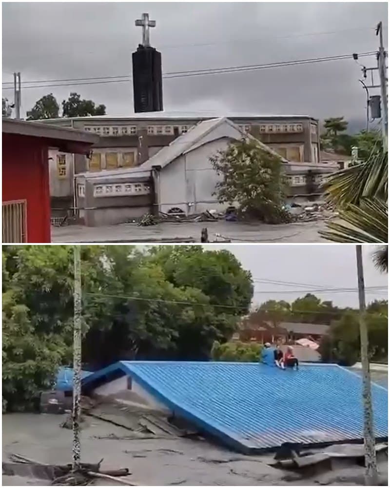 堰塞湖潰決，馬太鞍天主堂周邊被淹沒。（翻攝影片畫面）