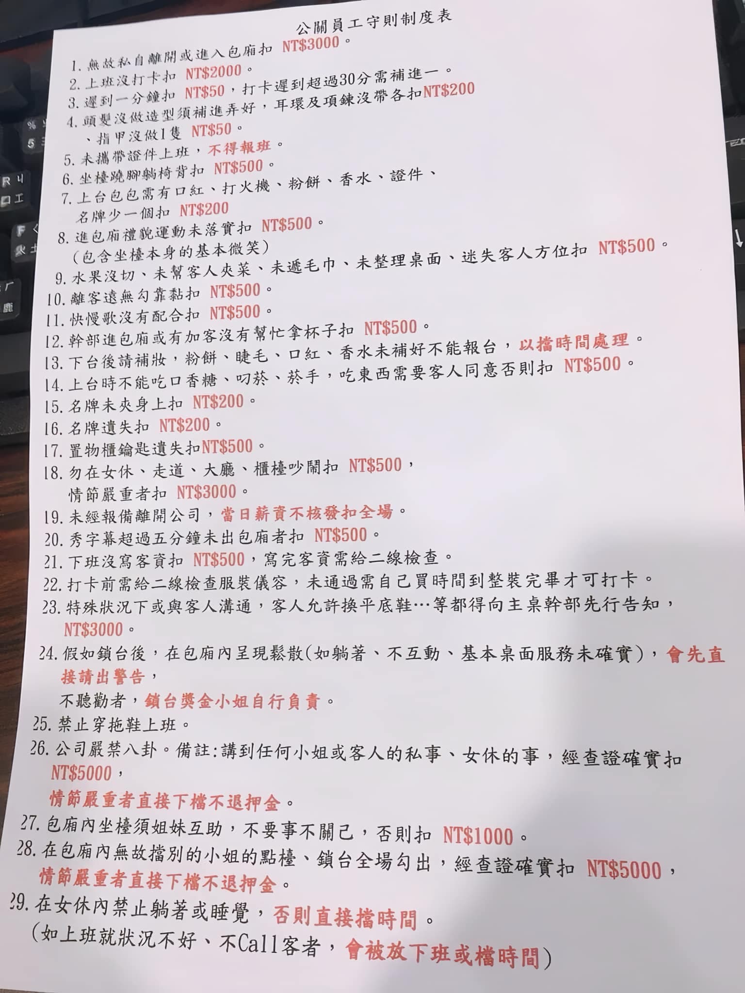 酒店妹工作罰則洋洋灑灑29條，讓網友感嘆錢難賺。（翻攝PTT）