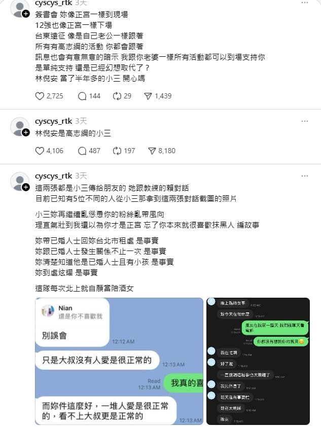 該Threads帳號控林倪安當小三並指證歷歷，甚至貼出對話內容。（翻攝自Threads）