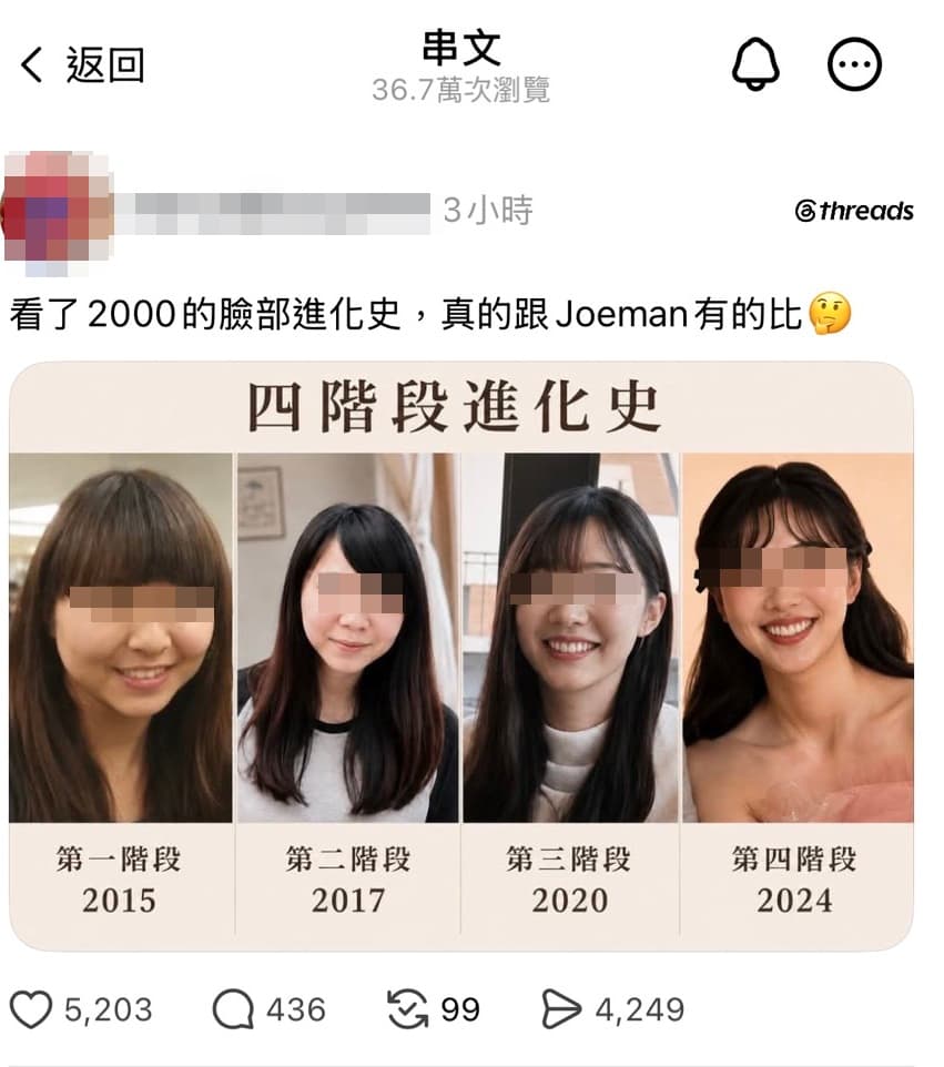 有網友幫許芊芊製圖分析四階段進化史。(翻攝自Threads)