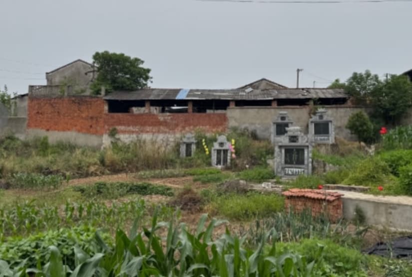 昌盛泡花鹼廠和居民世代居住的院落只有一牆之隔，原本的菜園上面林立著墳墓。（翻攝小紅書）