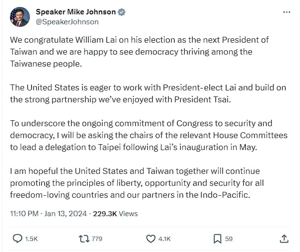美眾議院議長牆聲恭喜賴清德，並表示將派代表團來台訪問。（翻攝自X）
