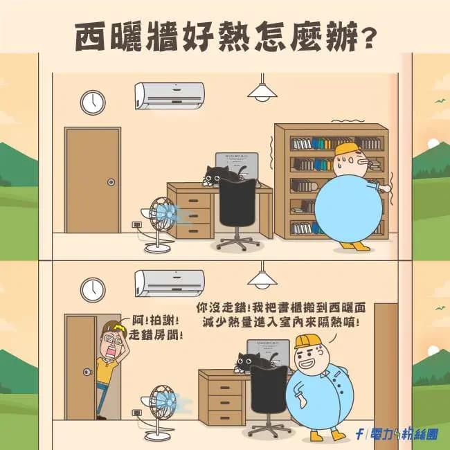 頂樓西曬房牆面建議放置大型家具阻隔熱能。（翻攝自台電官網）