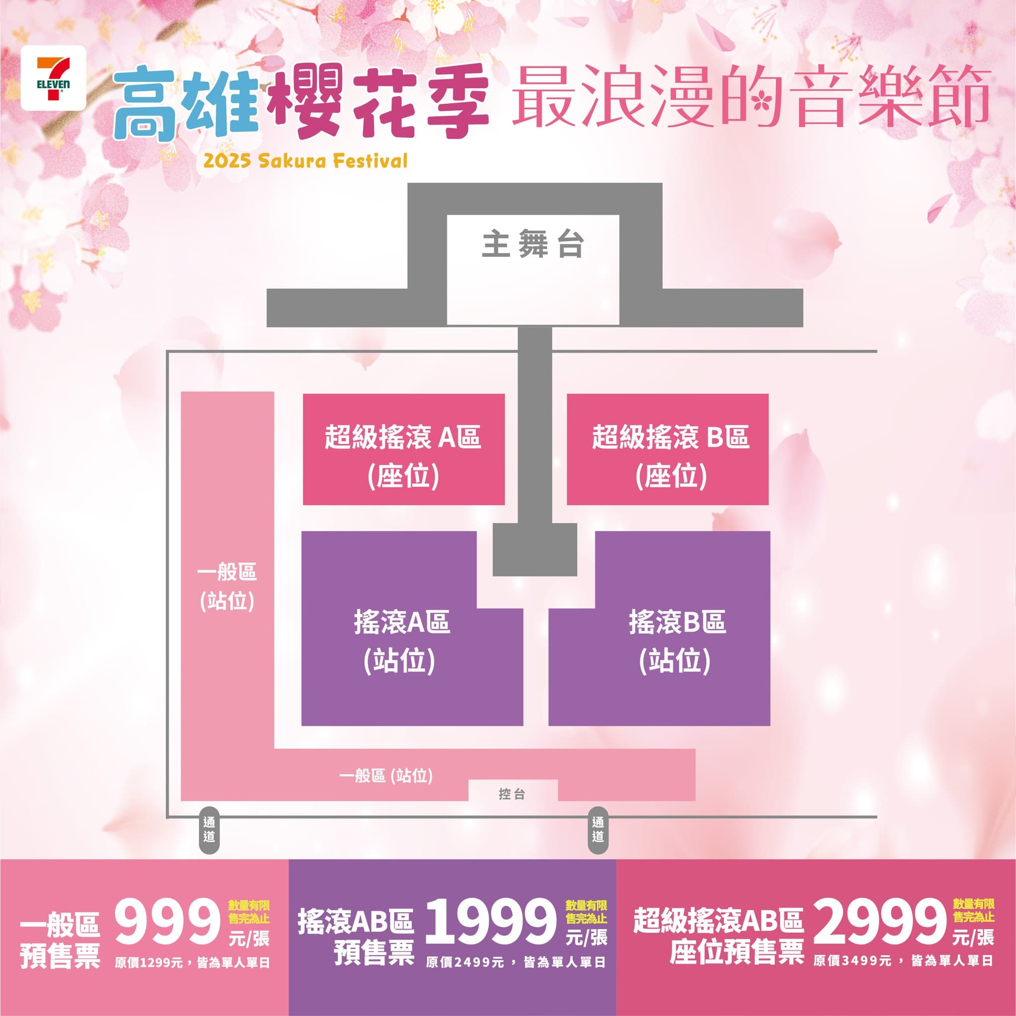 票券分一般區預售（站位）999元、搖滾AB區預售票（站位）1999元、超級搖滾AB區座位預售票2999元。（翻攝自高雄櫻花季臉書）