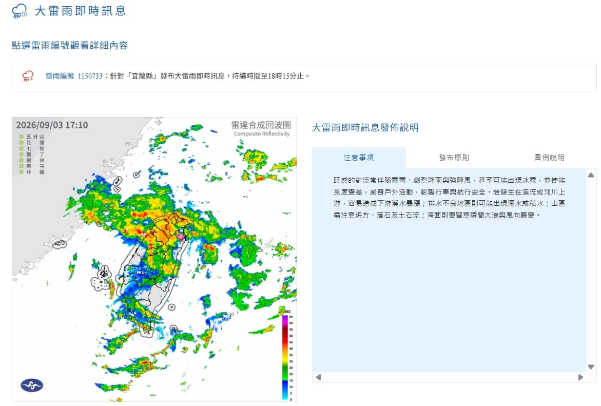 中央氣象署發布大雷雨即時訊息。（翻攝自中央氣象署官網）