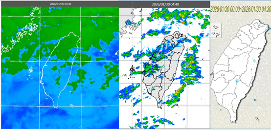 今晨4時30分紅外線色調強化雲圖顯示，台灣上空有有鬆散中層雲（左圖）。4時40分雷達回波合成圖顯示，伴隨弱降水回波（中圖）。4時30分累積雨量顯示，山區及東半部零星飄雨（右圖）。（翻攝自氣象應用推廣基金會）