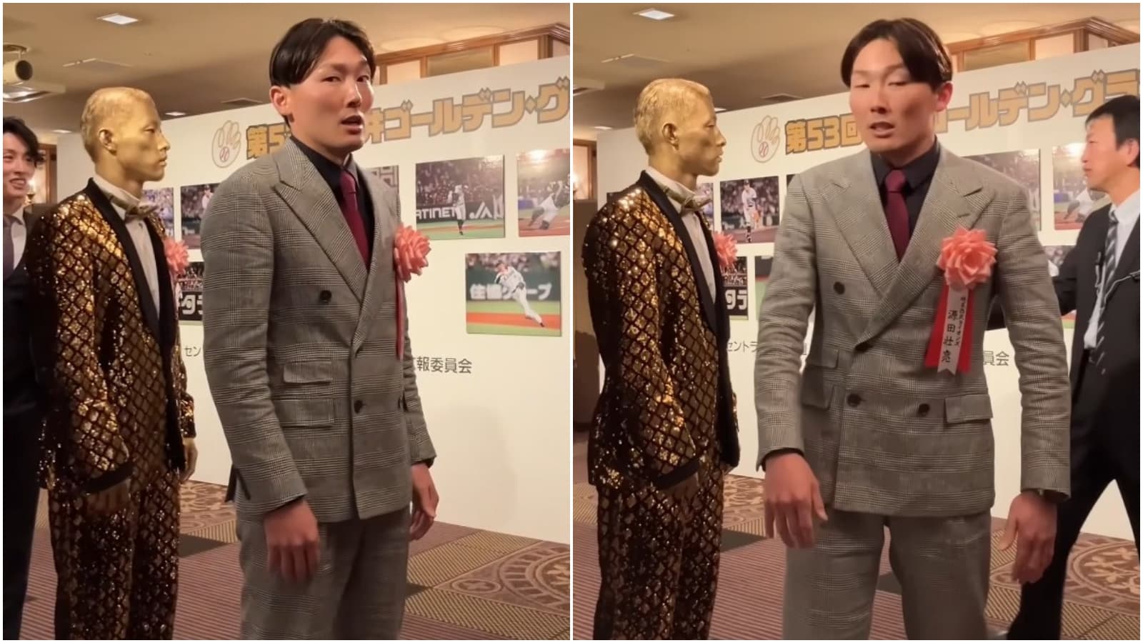 源田壯亮領三井金手套獎時，左手無名指不見「婚戒」身影。（翻攝西武獅YT）