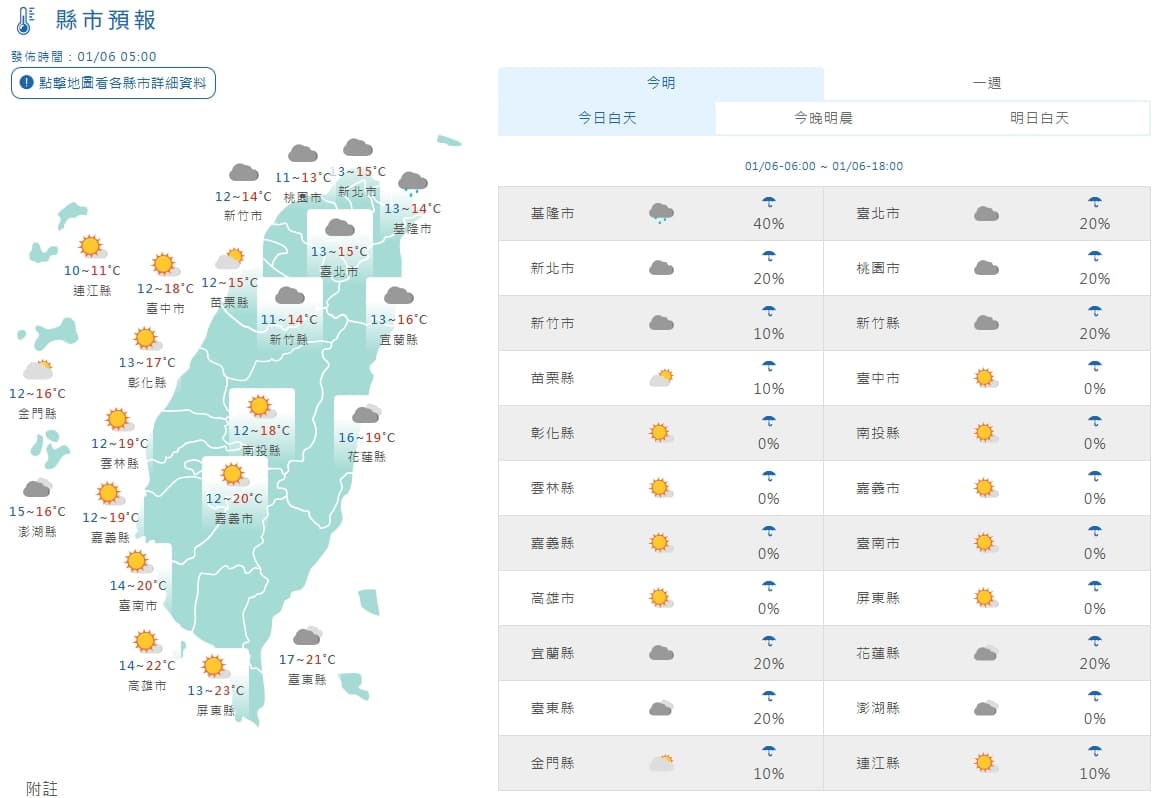 全台各地天氣狀況。（翻攝自中央氣象署官網）