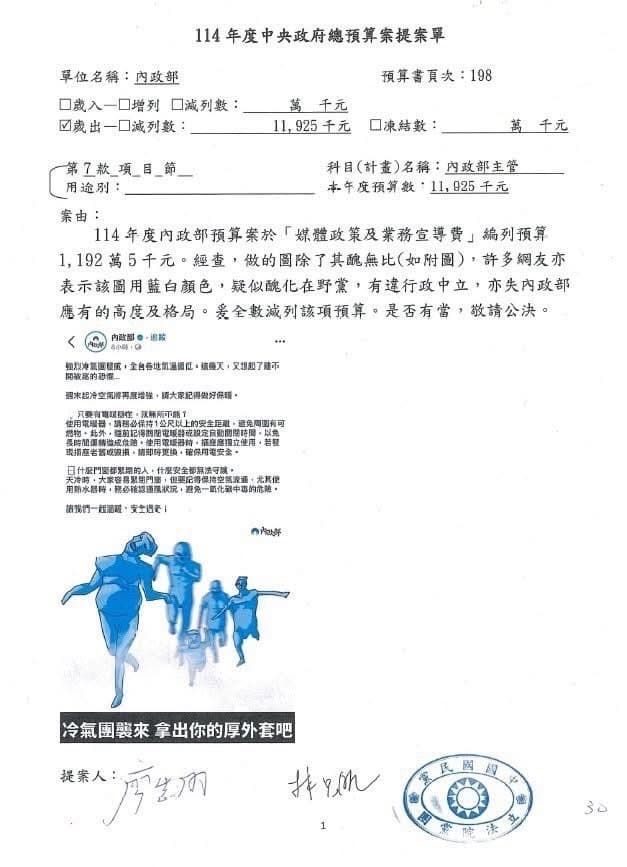 國民黨立委廖先翔認為內政部的臉書哏圖是在醜化在野黨,提案要刪除內政部相關預算。(翻攝自網路)