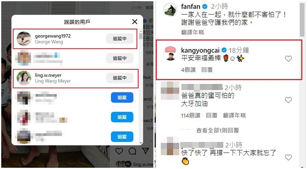 賈永婕老公王兆杰、王偉忠女兒王羚按讚（左圖），蔡康永則留言聲援黑范夫妻（右圖）。（翻攝范瑋琪IG）