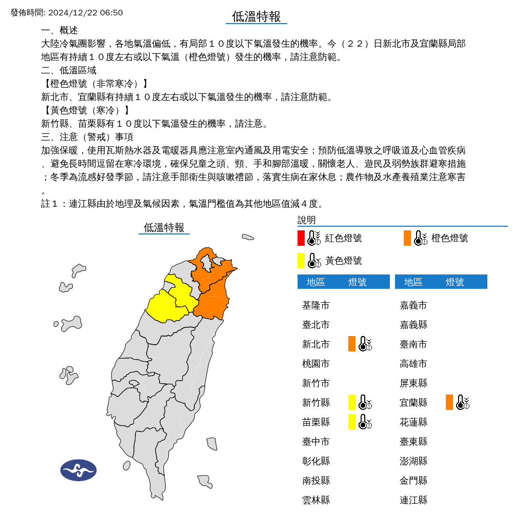 氣象署對新北市、新竹縣、苗栗縣、宜蘭縣發布低溫特報。（氣象署提供）