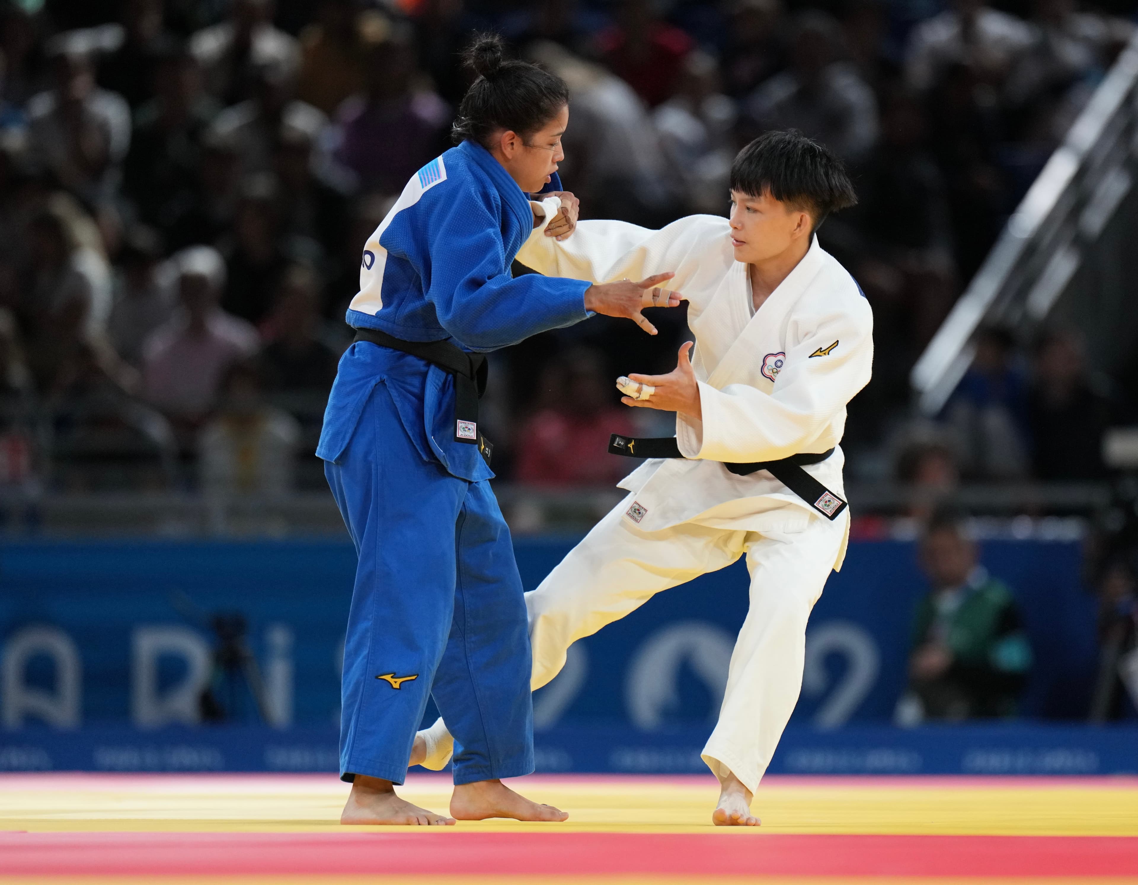 林真豪在柔道女子48公斤級32強迅速擊退哥倫比亞選手成功晉級。（中華奧會提供）