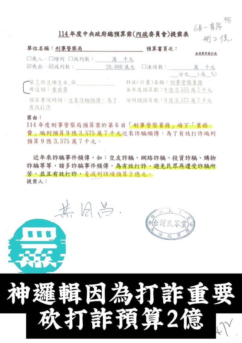 蔡易餘批黃國昌「神邏輯」砍打詐預算。（翻攝自民進黨團）