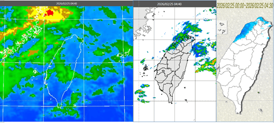 今晨4：40紅外線色調強化雲圖顯示，鋒面移入伴隨層狀雲（左圖）。4：40雷達回波合成圖顯示，層狀雲降水回波偏弱（中圖）。4：30累積雨量圖顯示，苗栗以北有局部降雨（右圖）。（翻攝自天氣應用推廣基金會）