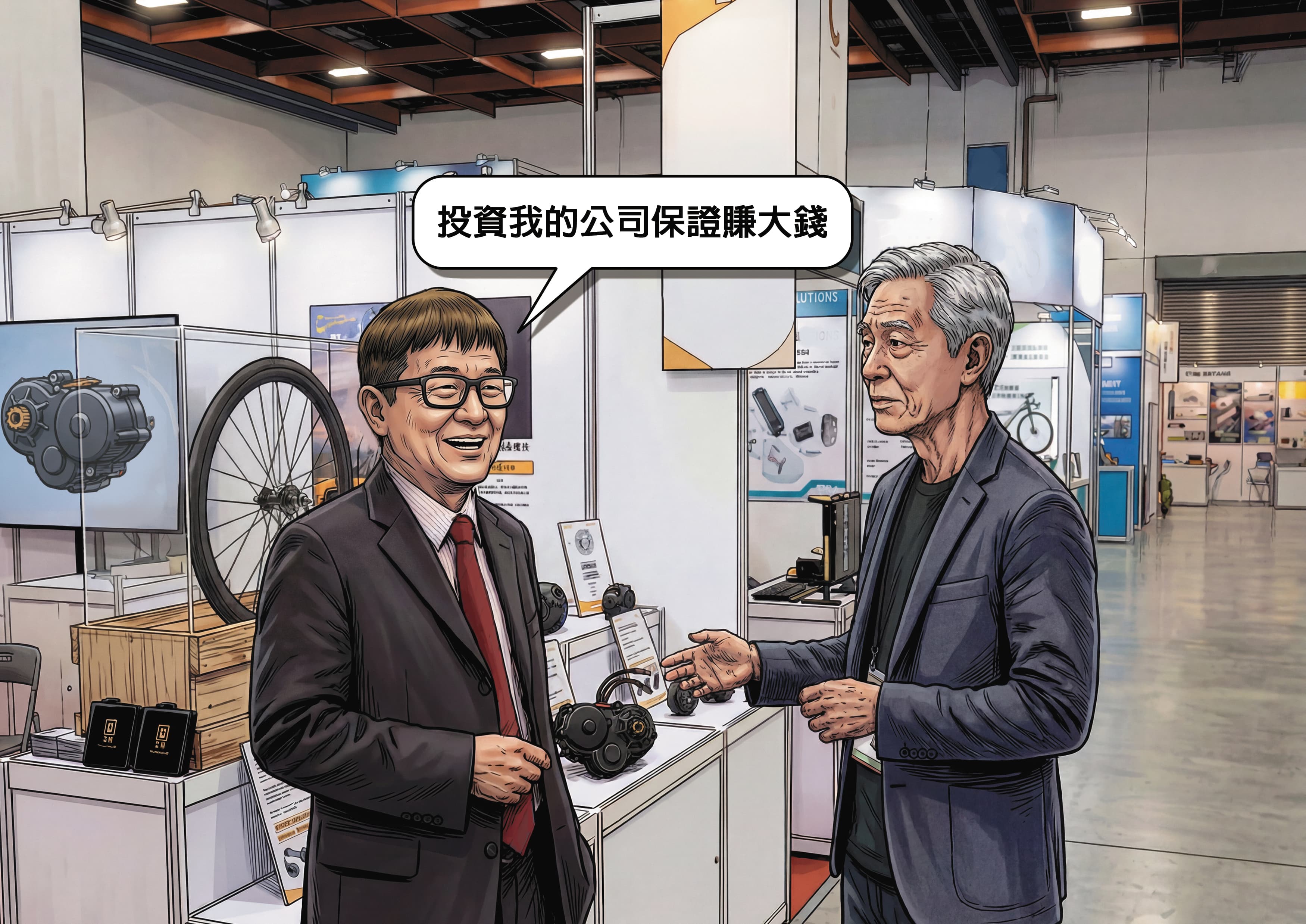 姚立和（左）宣稱是特斯拉的協力廠商，力邀港商投資。（示意畫面，AI繪圖magnific生成，本刊美術組後製）