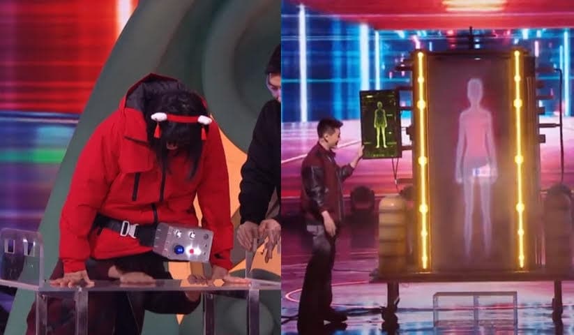 鄧男子啟動道具試圖將女觀眾被分割的身體再組合回來，沒想到表演失敗收場。（翻攝微博）