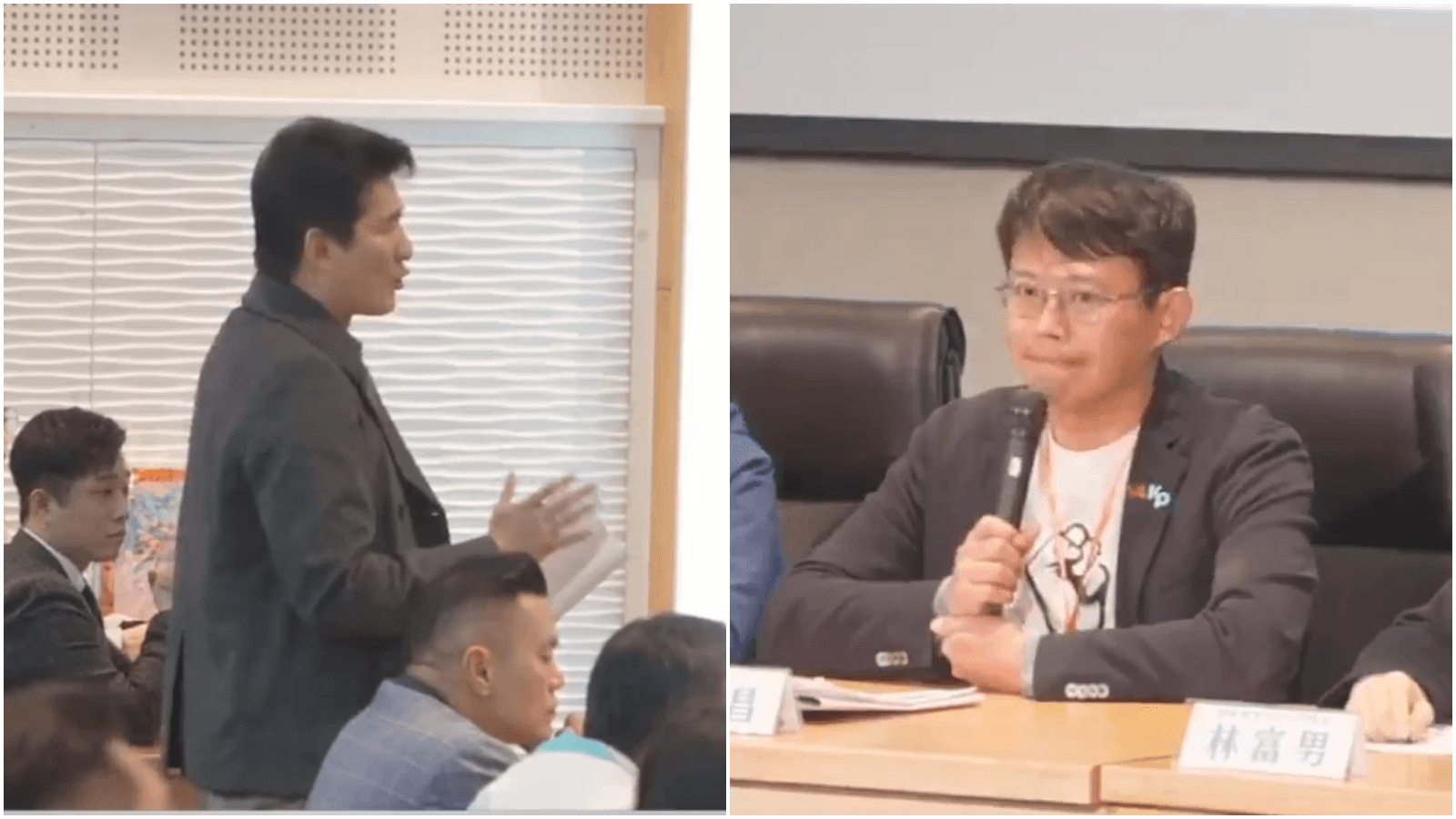 黃國昌提醒張凱鈞（左圖）「當我在做回覆時候，這樣任意插嘴，恐怕不是一個很好行為」。（翻攝民眾之聲YT直播）