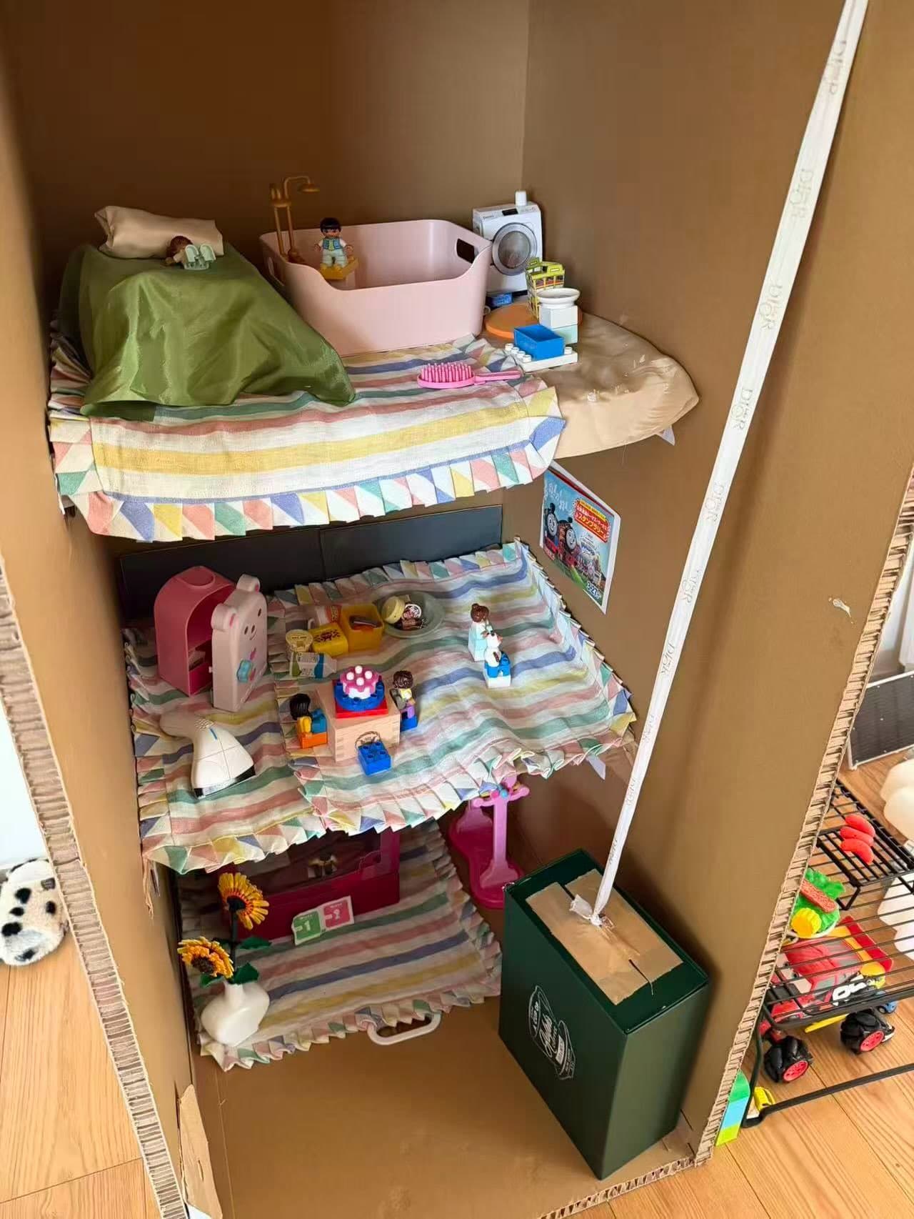 林志玲利用紙箱打造3層樓「樂高人偶飯店」,細節充滿巧思。(翻攝林志玲IG)