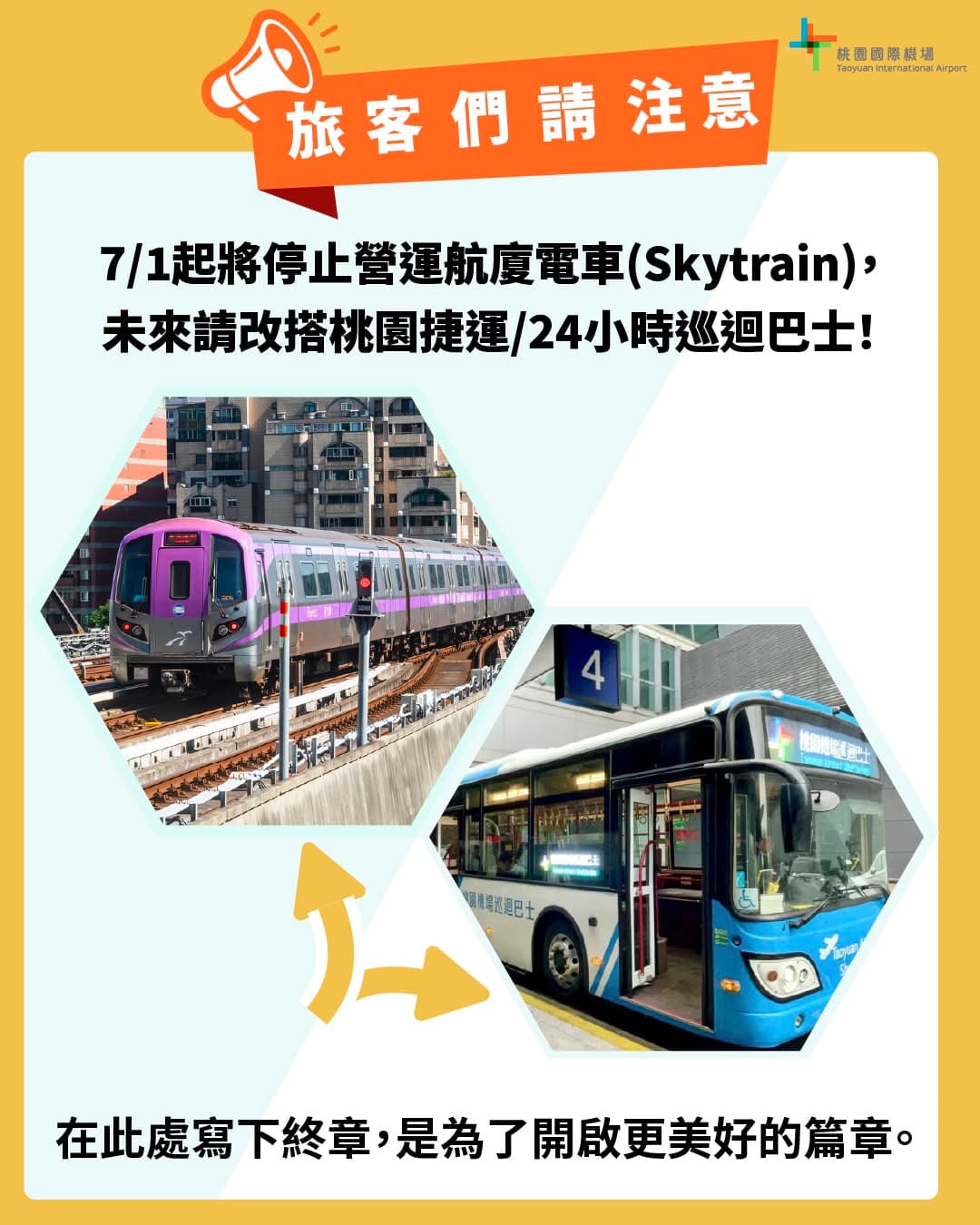 航廈電車預計從7月1日起停止營運。（翻攝自臉書@桃園國際機場 Taoyuan International Airport）