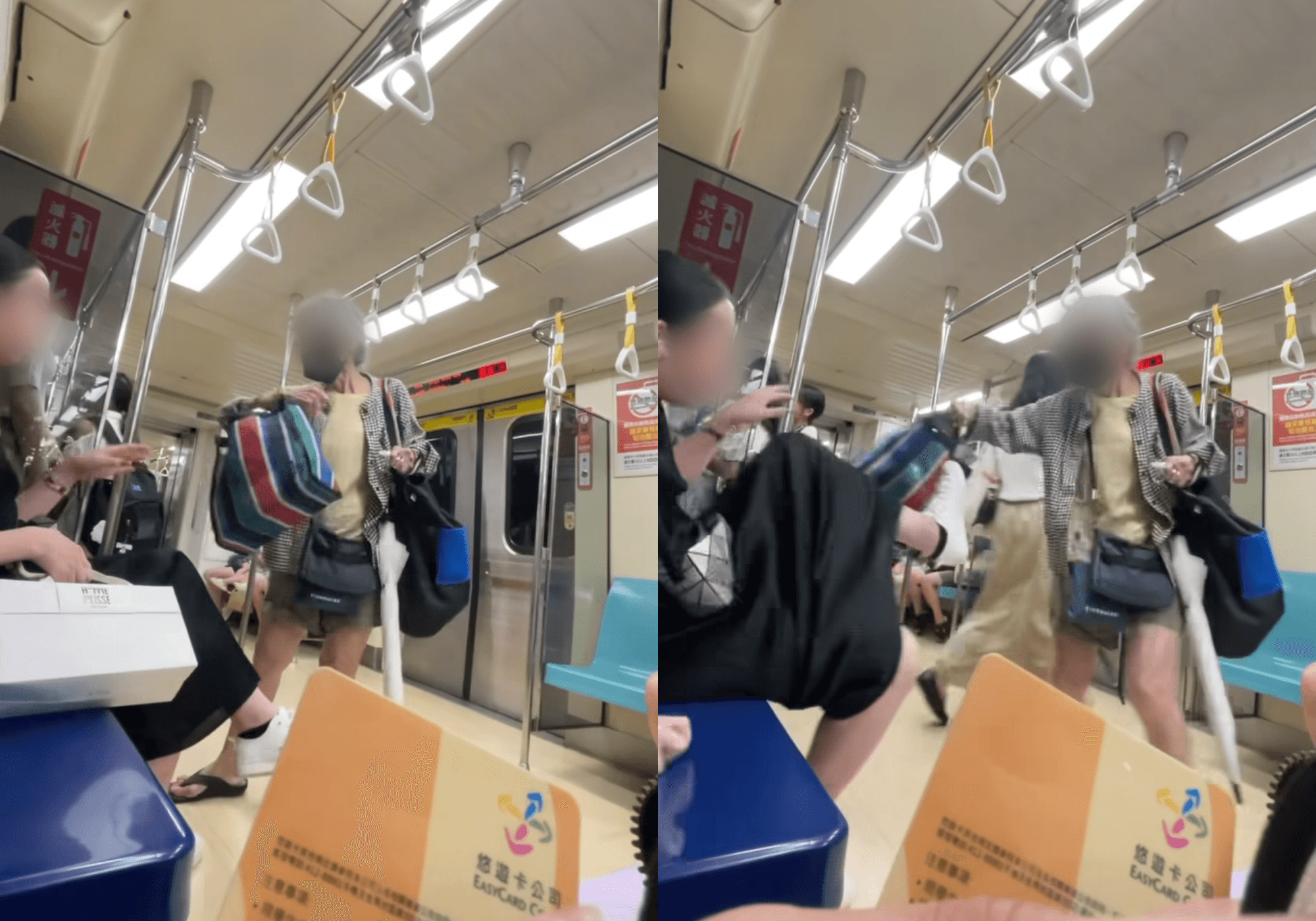 曾姓婦人29日在台北捷運列車上用包包揮打坐在優先席的年輕人。（翻攝threads@queen7_910）