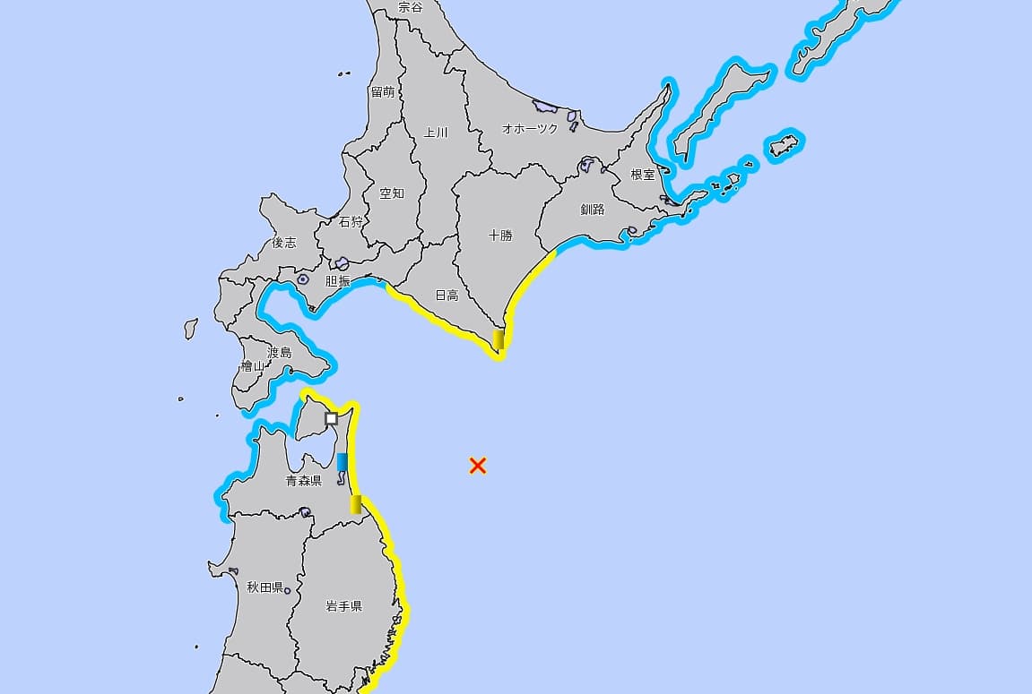 北海道、青森等太平洋沿岸地區在地震過後發布海嘯警報。（翻攝自日本氣象廳）