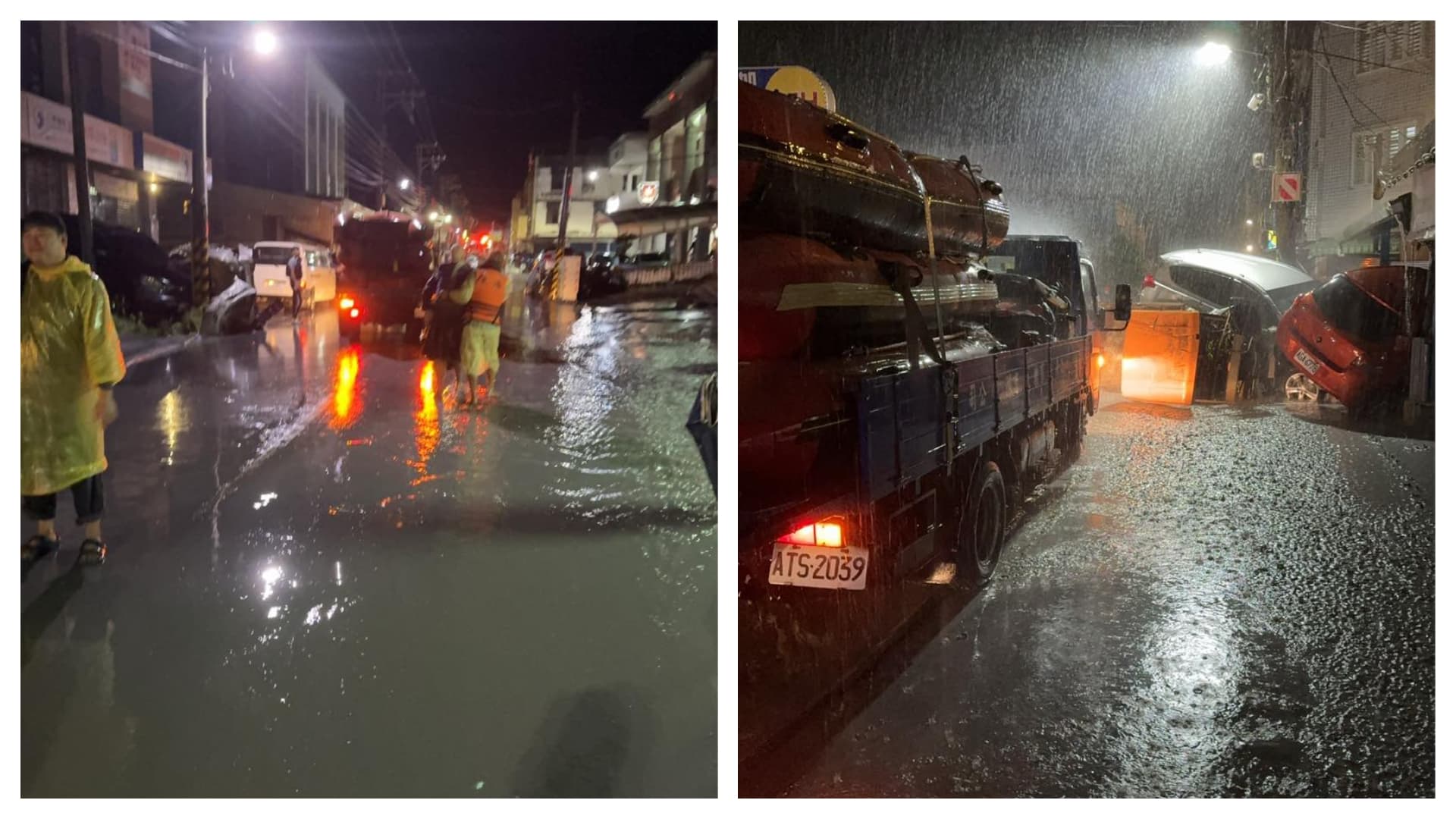即使救援人員迅速趕抵，但入夜仍下著恐怖大雨，街上仍然泥流滾滾。（翻攝自臉書@胡仁順-花蓮縣議員 ）