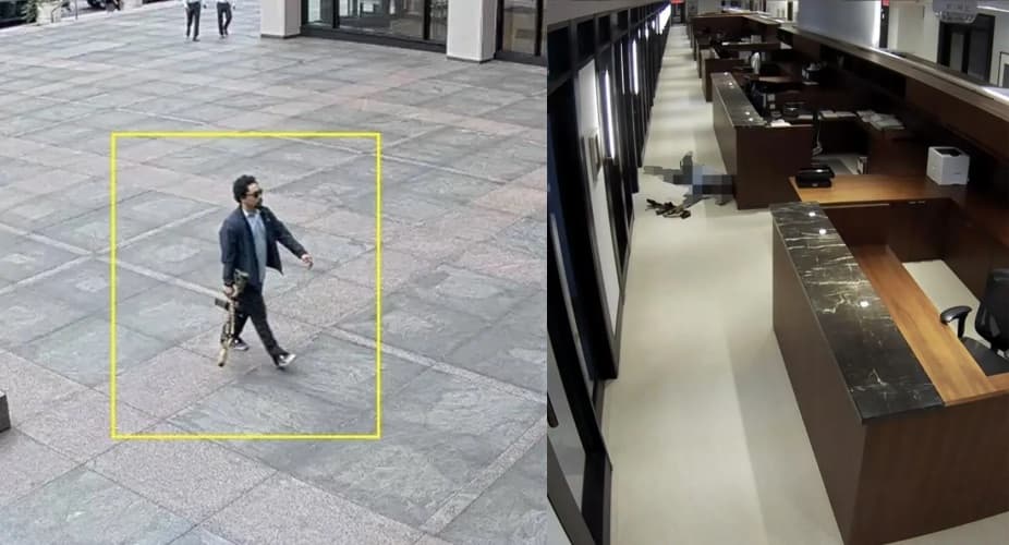 槍手持AR-15步槍闖入辦公大樓（左），事後被發現陳屍於33樓（右）。（翻攝自紐約郵報）