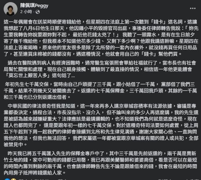 陳佩琪發文籌措7,000萬保釋金。（翻攝自臉書@陳佩琪）