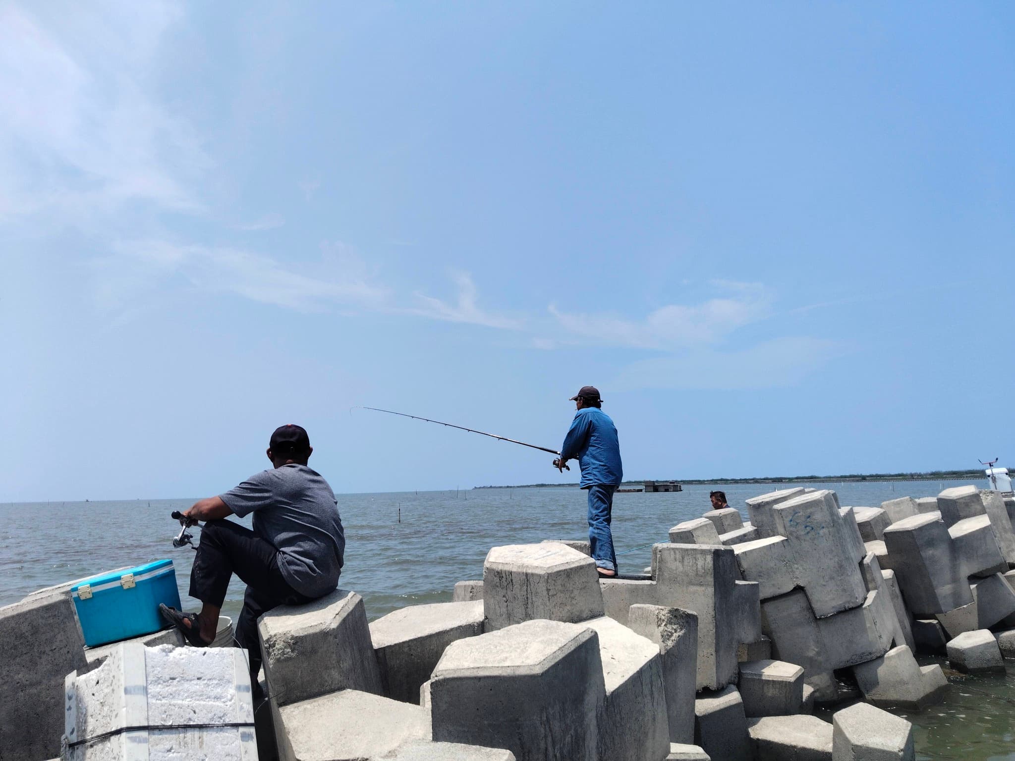 嘉義縣東石鄉新吉庄漁港爆發「鱸魚之亂」，本週有大批釣客專程前來垂釣被野放的鱸魚。（翻攝自東石之美臉書社團）