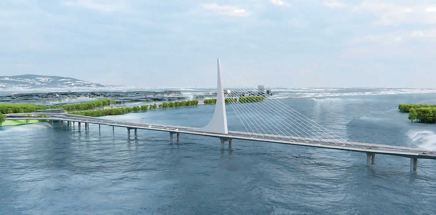 蘆社大橋將連結北市社子島與新北蘆洲，成為雙北重要交通動脈之一。圖為完工模擬圖。（新北市新建工程處提供）