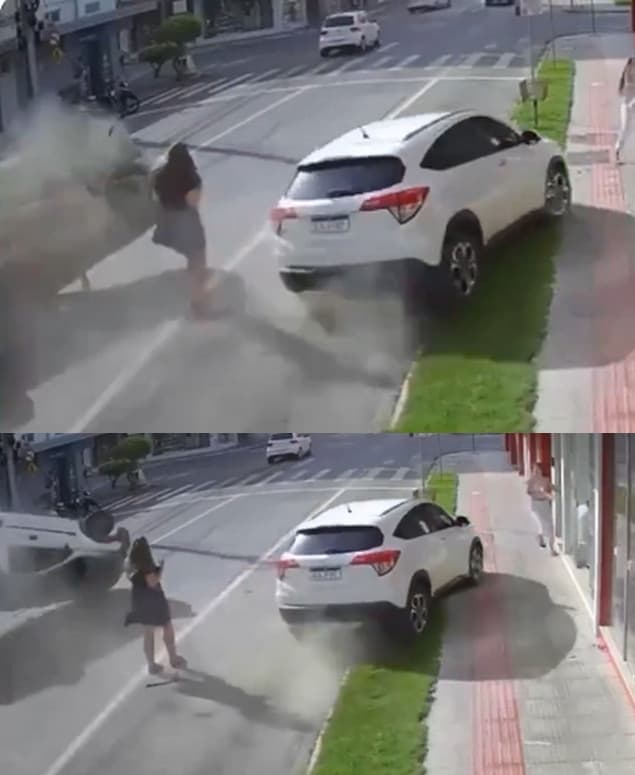 一輛皮卡失控翻覆，一名女路人被夾擊在兩車之間，居然毫髮無傷。（翻攝X@elorwelliano）