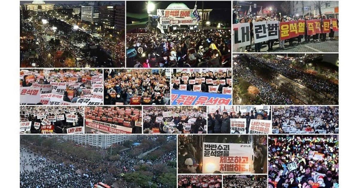 北韓黨媒《勞動新聞》在報紙刊登多張南韓民眾在國會抗議的照片。（翻攝自勞動新聞）