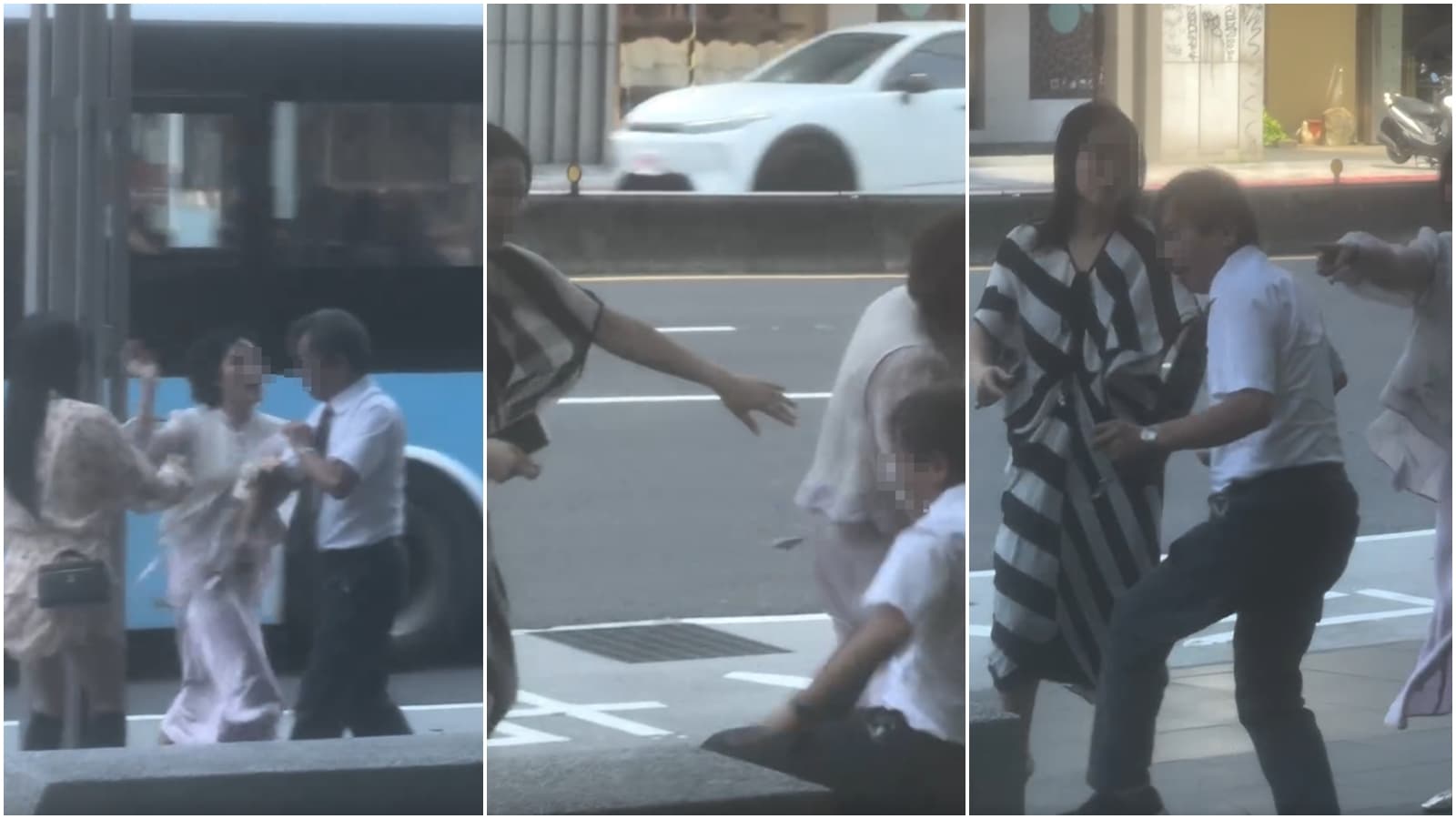 短髮女出手重擊運將頭部，拉扯中更是直接把運將撞倒，條紋服飾女看似未攻擊運將，卻一直拉住運將，未阻止一直叫囂、攻擊的朋友。（Threads@chuanweixu網友授權提供）