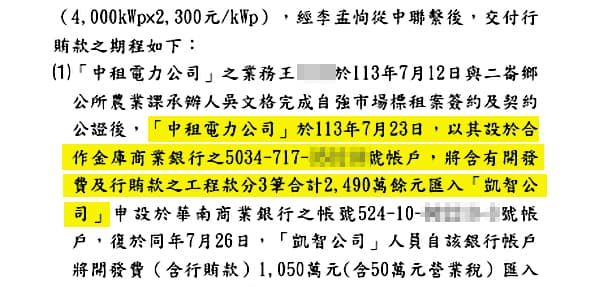 起訴書指出，中租得標完成簽約後，將含有開發費及行賄款共二四九○萬餘元匯給掮客方（凱智）。（翻攝起訴書）