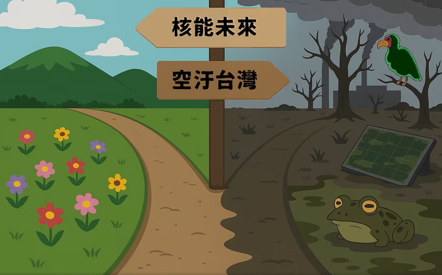 國民黨仿《南方四賤客》動畫廣告中，童子賢拿的手板影射非核家園火力全開加劇空汙。（翻攝自中國國民黨 KMT臉書）