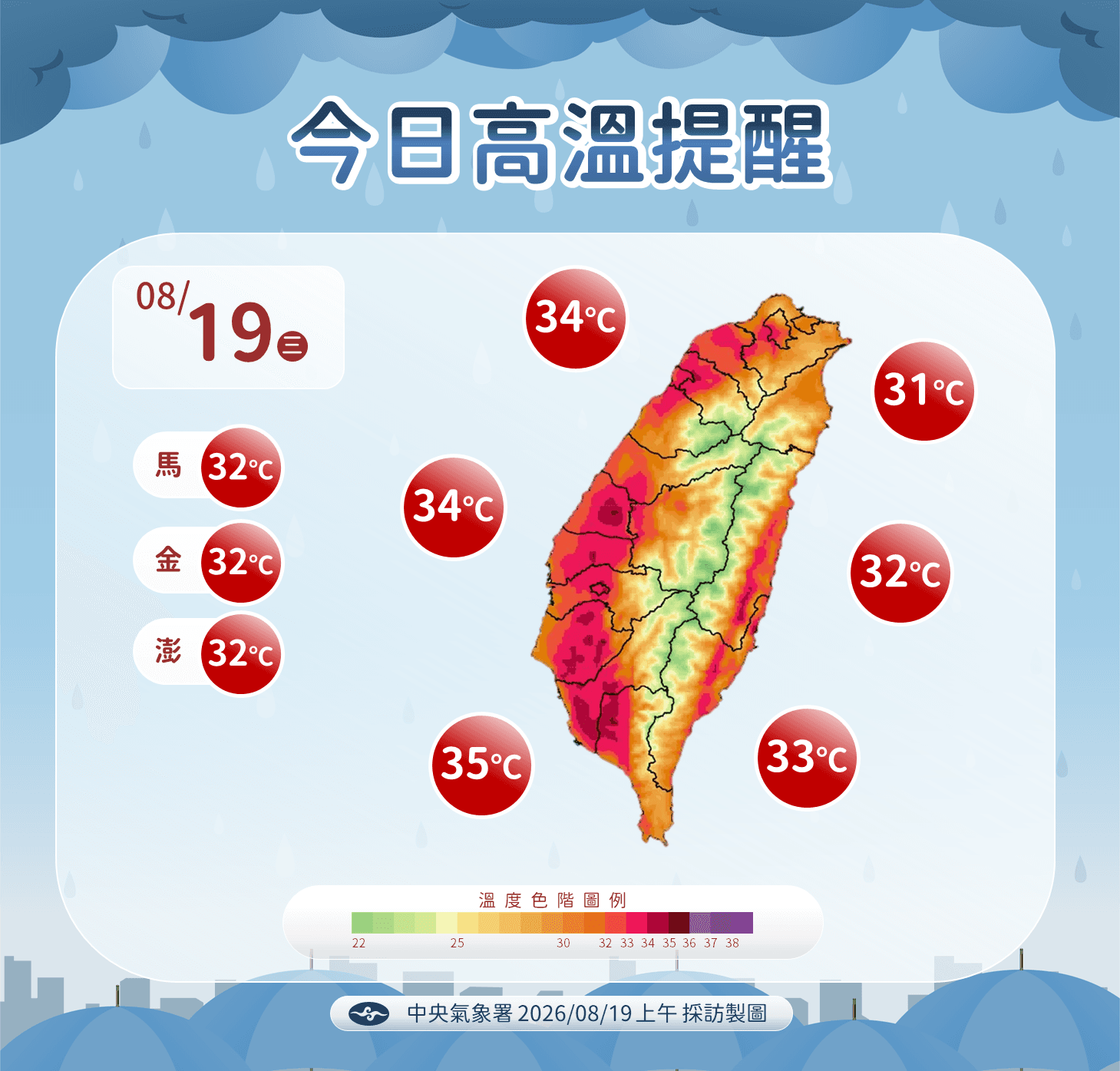中央氣象署說明今日各地高溫情形。（中央氣象署提供）