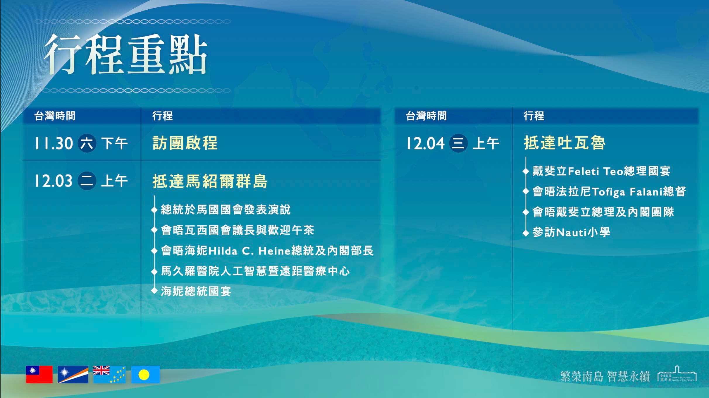 總統府公布賴清德出訪行程。（總統府提供）