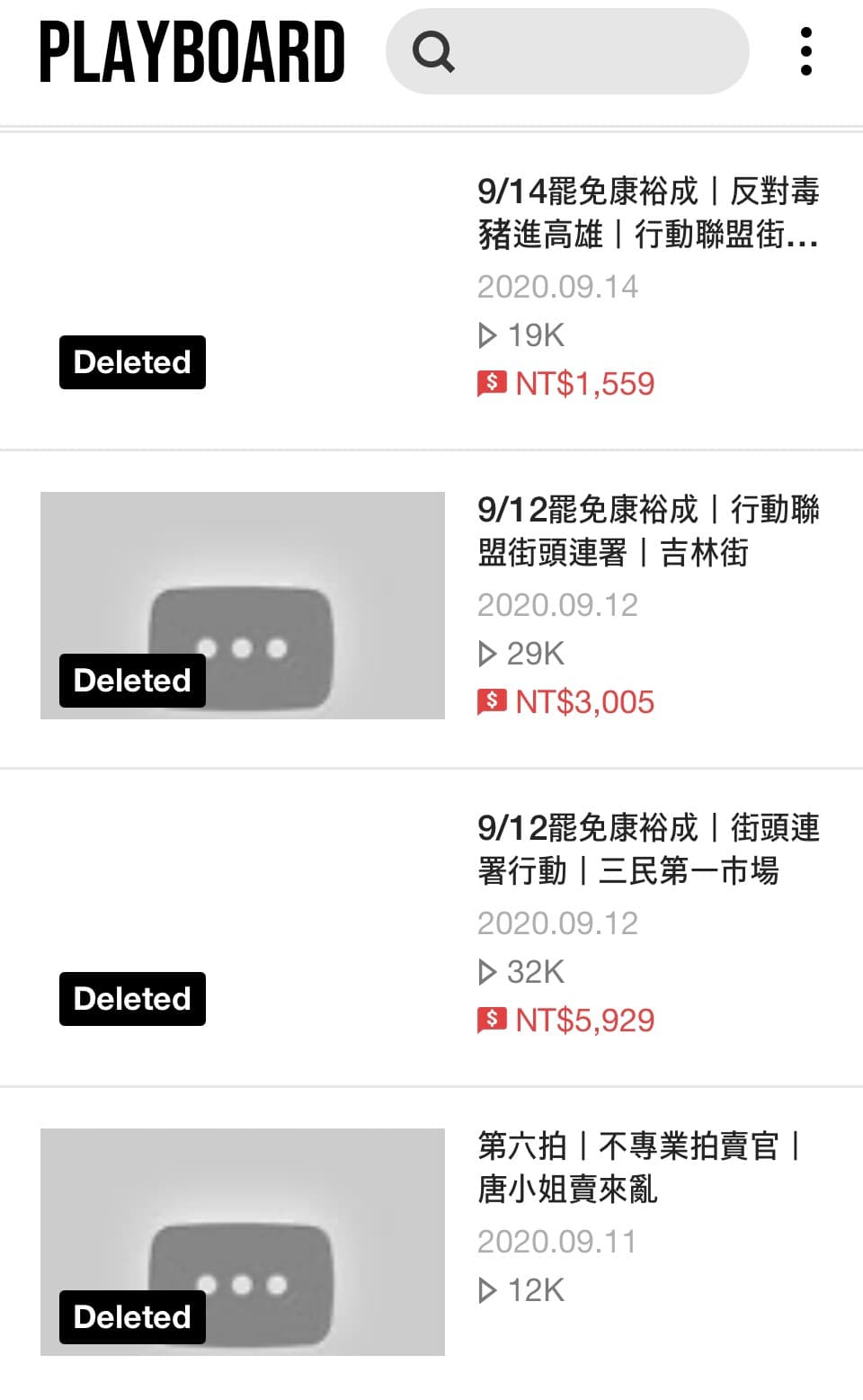 據Playboard網站資料顯示,陳品宏近日刪除多部提到關於罷免捐款的影片。(讀者提供)