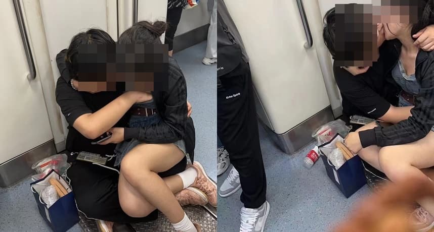 男女不顧四周有人,公然在地鐵車廂內激吻,畫面引起熱議。(翻攝自臉書社團「大埔 TAI PO」)