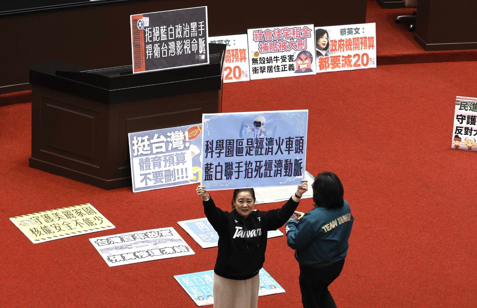 民進黨立委吳思瑤等人不斷舉牌表達反對刪凍預算的提案。